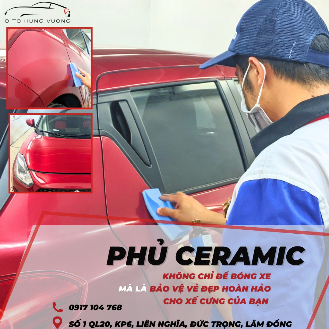 Kỹ thuật viên phủ ceramic chăm sóc xe tại Ô Tô Hưng Vượng